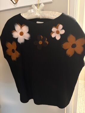Sioni Black Crewneck Sweater with Brown and Pale Pink Floral Accents